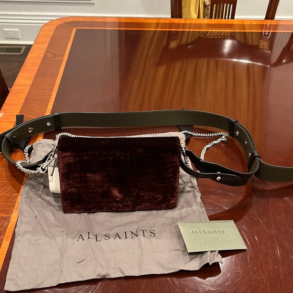 AllSaints Women's Deep Wine Velvet Shoulder Bag with Chain Strap